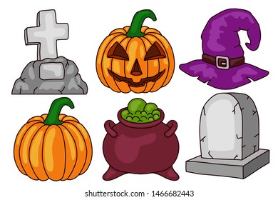 Halloween set. Scary pumpkin, cauldron and witch hat, gravestone. Isolated on white background. Design element for banner, menu, poster, web. 