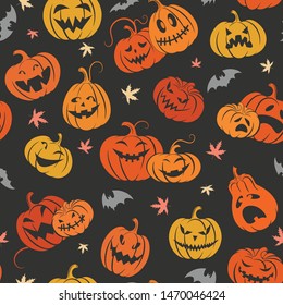 Halloween. Set  scary pumpkins and bats.  Seamless colorful pattern. Template  design packing,  background, textiles of festive  for Halloween. Vector illustration
