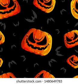 Halloween. Set scary pumpkins and bats. Seamless colorful pattern. Template design packing, black background, textiles of festive for Halloween. Vector illustration