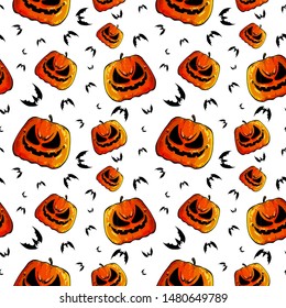 Halloween. Set scary pumpkins and bats. Seamless colorful pattern. Template design packing, white background, textiles of festive for Halloween. Vector illustration