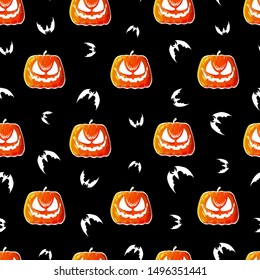 Halloween. Set scary pumpkins and bats. Seamless colorful pattern. Template design packing, black background, textiles of festive for Halloween. Vector illustration