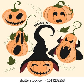 Halloween set of scary pumpkins.
 Cartoon vector pumpkins with different emotions.
Orange pumpkin for your design for the holiday.