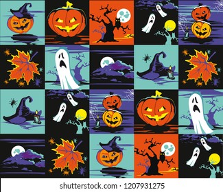 Halloween set, seamless pattern or greeting card. Party Design Template. Vector illustration.