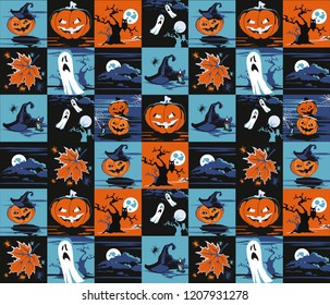 Halloween set, seamless pattern or greeting card. Party Design Template. Vector illustration.