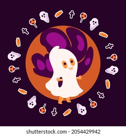 Halloween set with seamless pattern. An image of a ghost, cauldron, pumpkin and other attributes of the holiday. Ideal for printing packaging, postcards, fabrics, websites, templates. EPS10
