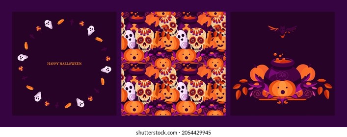 Halloween set with seamless pattern. An image of a ghost, cauldron, pumpkin and other attributes of the holiday. Ideal for printing packaging, postcards, fabrics, websites, templates. EPS10