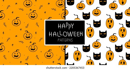 Halloween set seamless pattern with pumpkin and cat. Creepy vector illustration on 31 October.