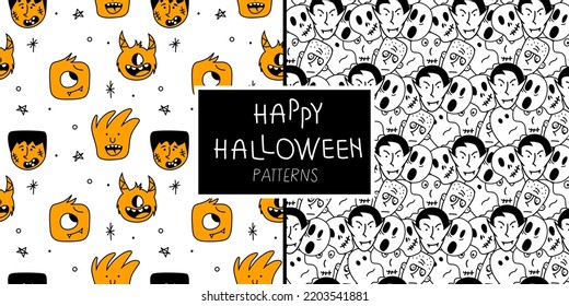 Halloween set seamless, pattern with vampire, monster, ghost, zombie and skull. Creepy vector illustration on 31 October.