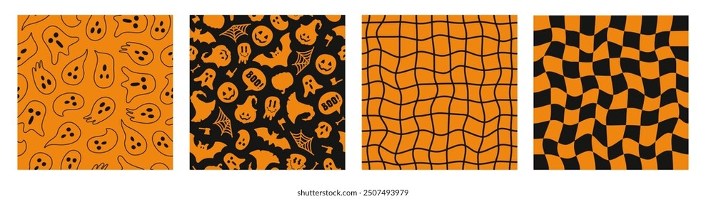 Halloween establece patrones sin fisuras con murciélago, fantasma, araña, calabaza. Fondo lineal a cuadros. Elementos de silueta plana divertida. Colores negro y naranja. Ilustración vectorial