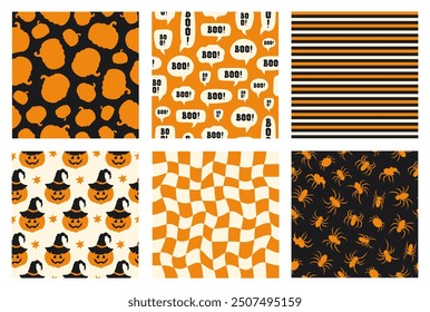 Halloween set seamless patterns with bat, ghost, spider, smile pumpkin. Checkered linear and striped background. Funny flat silhouette elements. Black, beige and orange colors. Vector illustration