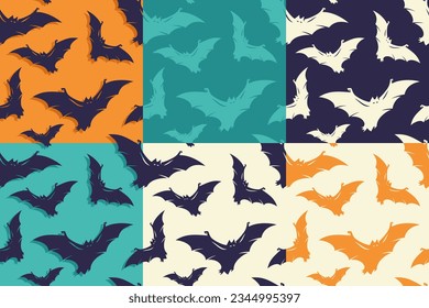 Halloween set of seamless patterns with bats for halloween design. Wallpapers or backgrounds with vampires for october party banner, poster or postcard