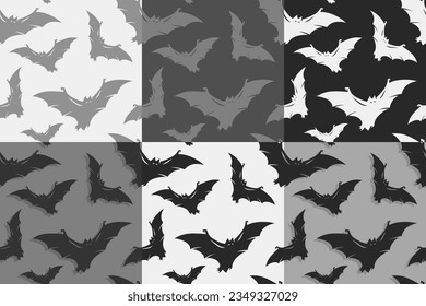 Halloween set of seamless patterns with bats for monochrome halloween design. Wallpapers or backgrounds with vampires for october party banner, poster or postcard
