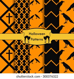 Halloween set of seamless patterns, cross, raven, zigzag