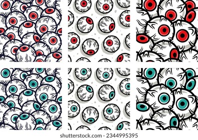 Halloween Set von nahtlosen Mustern mit Augen für Urlaubsdesign. Tapeten oder Hintergrund mit erschreckenden Augen für Fan-, Poster- oder Postkartenfächer im Oktober