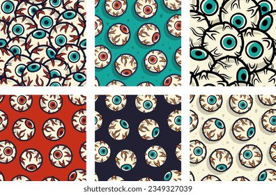 Halloween set of seamless patterns with eyes for holiday design. Wallpapers or background with scary horrible eyeballs for october party banner, poster or postcard