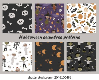 Halloween set of seamless patterns with kids in costumes. Vector illustration for wrapping paper and scrapbooking