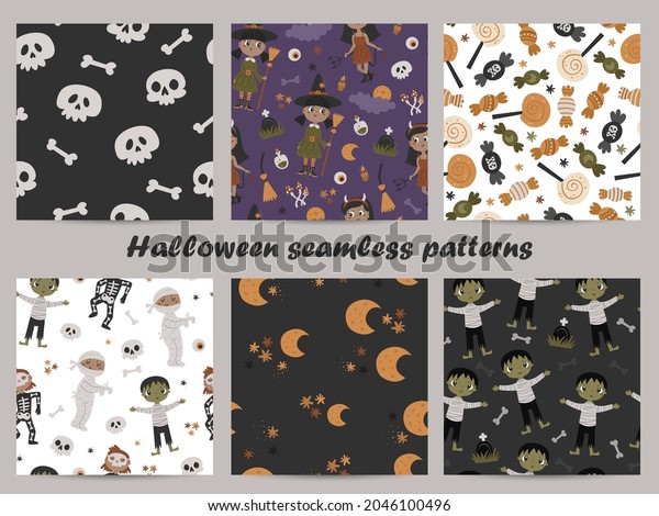 Halloween set of\
seamless patterns with kids in costumes. Vector illustration for\
wrapping paper and\
scrapbooking