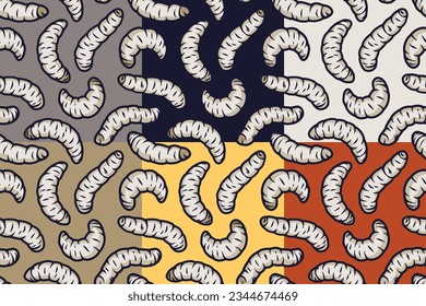 Halloween set of seamless patterns with maggots or worms for holiday design background. Wallpapers with scary insect larvae for october party banner, poster or postcard