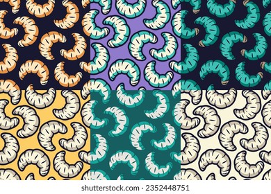 Halloween set of seamless patterns with maggots or worms for holiday design background. Wallpapers with scary insect larvae for october party banner, poster or postcard