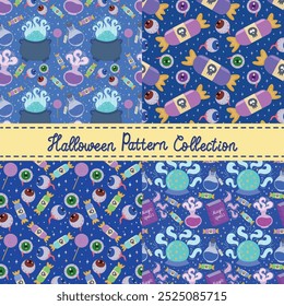 A Halloween set with seamless patterns. Patterns with a magic ball, potions, eyes, candies for Halloween decoration. Wallpaper or background for a banner, poster or postcard for an October party.