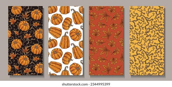 Halloween set of seamless patterns with pumpkins and autumn leaves for halloween design. Wallpapers or backgrounds with branches and blackthorn for october party banner, poster or postcard