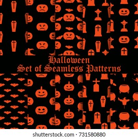 Halloween set of seamless patterns with pumpkins, witches and celebratory symbols. Vector illustration