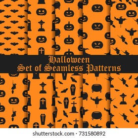 Halloween set of seamless patterns with pumpkins, witches and celebratory symbols. Vector illustration