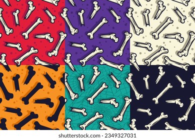 Halloween set of seamless patterns with skeleton bones for halloween design. Wallpapers or backgrounds with anatomy human bones for october party banner, poster or postcard