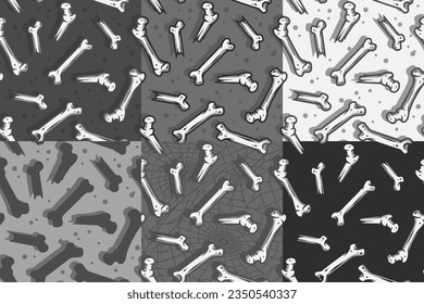 Halloween set of seamless patterns with skeleton bones for monochrome halloween design. Wallpapers or backgrounds with anatomy human bones for october party banner, poster or postcard
