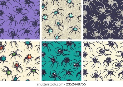 Halloween set of seamless patterns with spiders for halloween design. Wallpapers or backgrounds with tarantula or insects for october party banner, poster or postcard