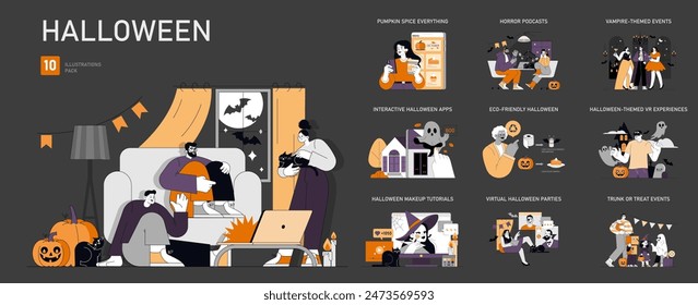 Halloween set showcasing modern celebrations with technology. Pumpkin spice, horror podcasts, VR experiences, and more. Vector illustration.