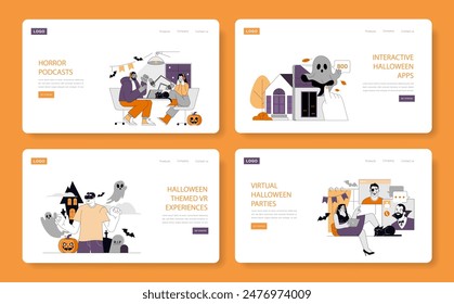 Halloween set showcasing modern celebrations with technology. Pumpkin spice, horror podcasts, VR experiences, and more. Vector illustration.