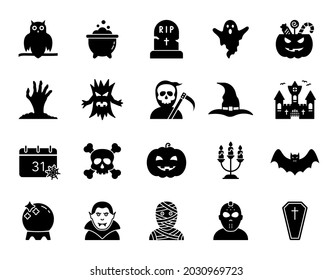 Icono de silueta de Halloween. Espeluznante Concepto de Halloween en el Pictograma de Glifo de Horror. Calabaza, Fantasma, Murciélago, Tumba, Calavera, Alarmante Mágica de Vampiro Icono Negro para la celebración del 31 de octubre. Ilustración vectorial.