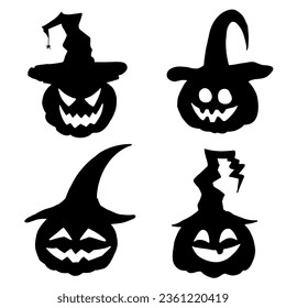 Halloween set - silhouette pumpkins in witch hat on white background. Vector illustration. Perfect for invitations, greeting cards, print, banners, poster for textiles, fashion design.