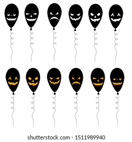 Halloween set of silhouettes with balloons on white background. Cartoon style. Vector