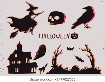 Conjunto de Halloween. Siluetas de personajes clásicos de miedo y decoraciones. Contorno de neón. Vector de objetos planos.