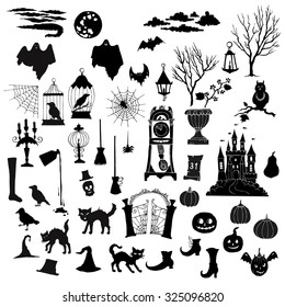 Halloween. Set of  silhouettes elements. Can be used for backgrounds and cards of Halloween decorations. Pumpkin, cat, ghost, hours, castle, moon, autumn. Vector Illustration