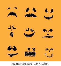 Halloween set of silhouettes for pumpkin character creation. Halloween pumpkin collection, shapes, eyes, noses, emotions, creepy and spooky elements decoration. Vector.