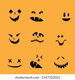 Halloween set of silhouettes for pumpkin character creation. Halloween pumpkin collection, shapes, eyes, noses, emotions, creepy and spooky elements decoration. Vector.