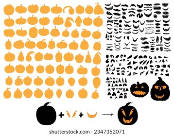 Halloween set of silhouettes for pumpkin character creation. Halloween pumpkin collection, shapes, eyes, noses, emotions, creepy and spooky elements decoration. Vector.