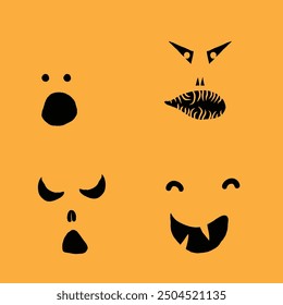 Halloween set of silhouettes for pumpkin character creation. Halloween pumpkin collection, shapes, eyes, noses, emotions, creepy and spooky elements decoration. Vector.