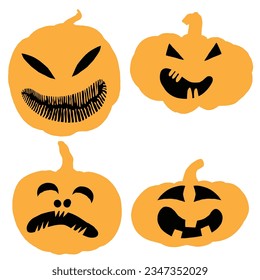 Halloween set of silhouettes of pumpkin with faces and characters. Halloween pumpkin collection, shapes, eyes, noses, emotions, creepy and spooky elements decoration. Vector.