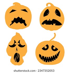 Halloween set of silhouettes of pumpkin with faces and characters. Halloween pumpkin collection, shapes, eyes, noses, emotions, creepy and spooky elements decoration. Vector.