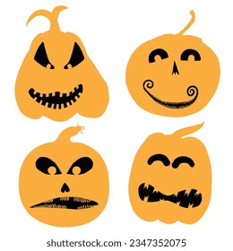 Halloween set of silhouettes of pumpkin with faces and characters. Halloween pumpkin collection, shapes, eyes, noses, emotions, creepy and spooky elements decoration. Vector.