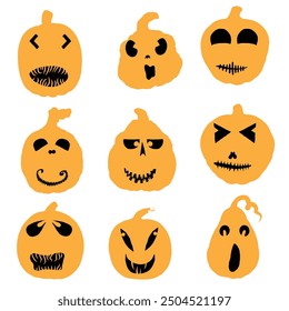 Halloween set of silhouettes of pumpkin with faces and characters. Halloween pumpkin collection, shapes, eyes, noses, emotions, creepy and spooky elements decoration. Vector.