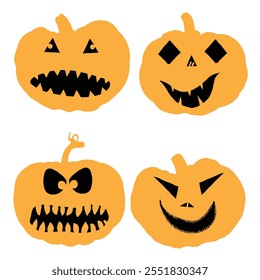 Halloween set of silhouettes of pumpkin with faces and characters. Halloween pumpkin collection, shapes, eyes, noses, emotions, creepy and spooky elements decoration. Vector.