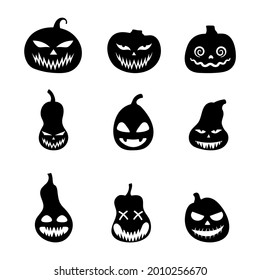 Halloween set of silhouettes scary pumpkins. Illustration of Jack-o-lantern facial expressions. Simple collection spooky horror images of pumpkins. Isolated vector stock illustration.