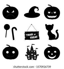 Halloween set of silhouettes with traditional attributes on white background. Cartoon style. Vector