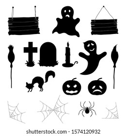 Halloween set of silhouettes with traditional attributes on white background. Cartoon style. Vector