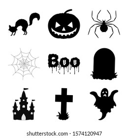 Halloween set of silhouettes with traditional attributes on white background. Cartoon style. Vector